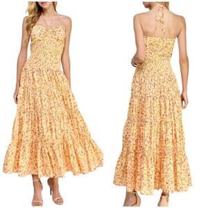KOKO + MASON NWT Floral Tiered Cotton Maxi Halter Dress Smocked Size M Yellow